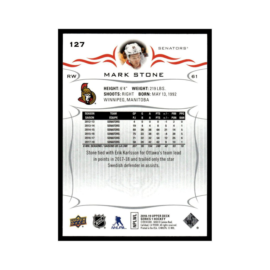 Mark Stone 2018 Upper Deck #127 Ottawa Senators Hockey Card NM
