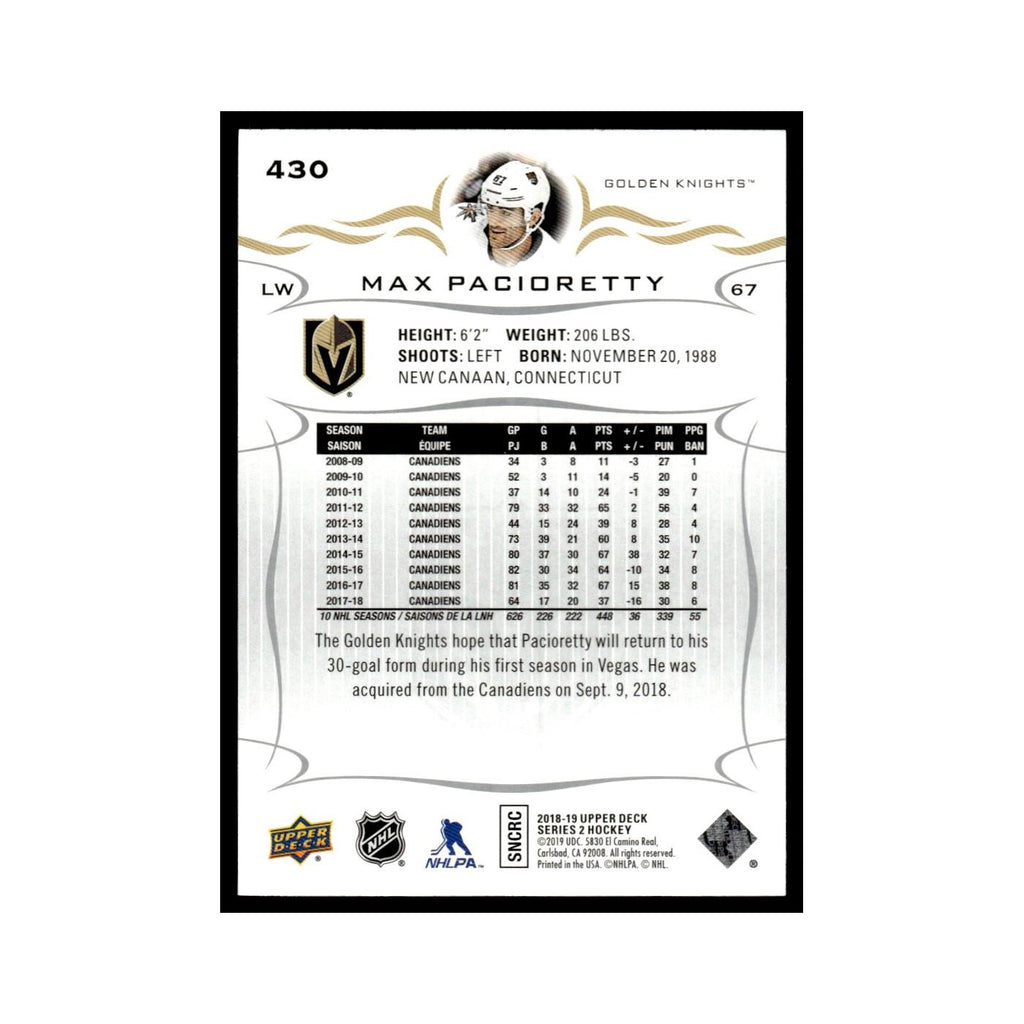 Max Pacioretty 2018 Upper Deck #430 Vegas Golden Knights Hockey Card NM