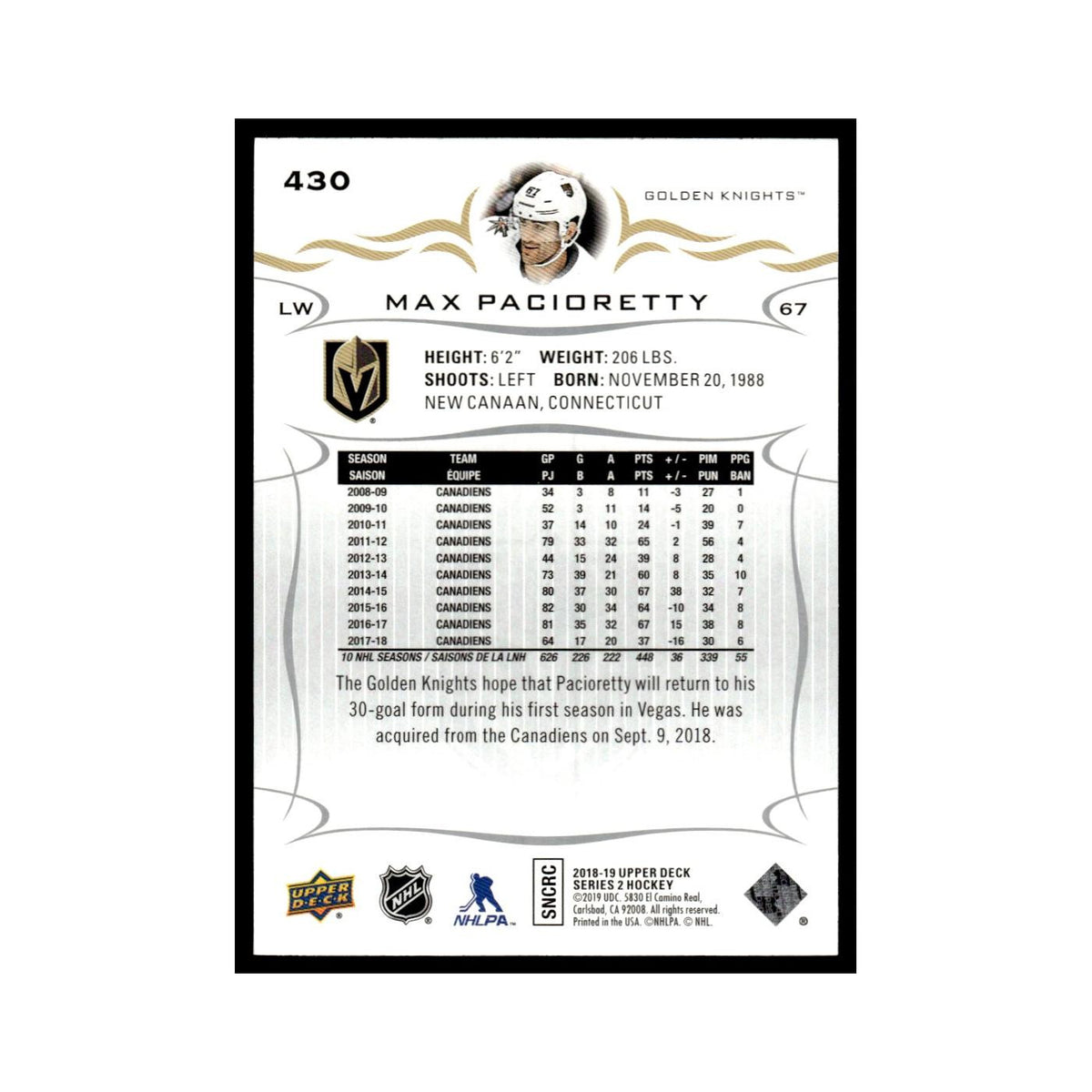 Max Pacioretty 2018 Upper Deck #430 Vegas Golden Knights Hockey Card NM