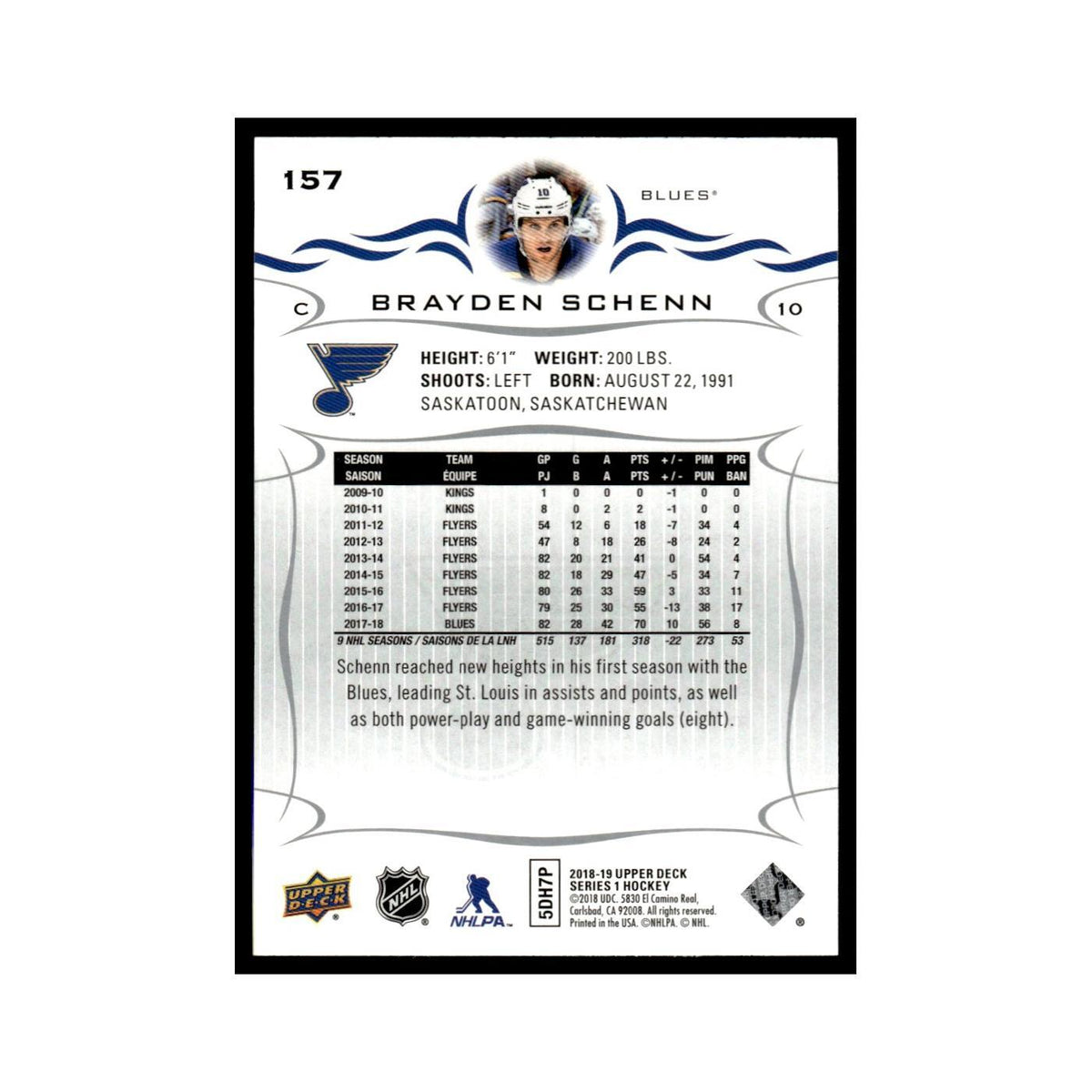 Brayden Schenn 2018 Upper Deck #157 St. Louis Blues Hockey Card NM