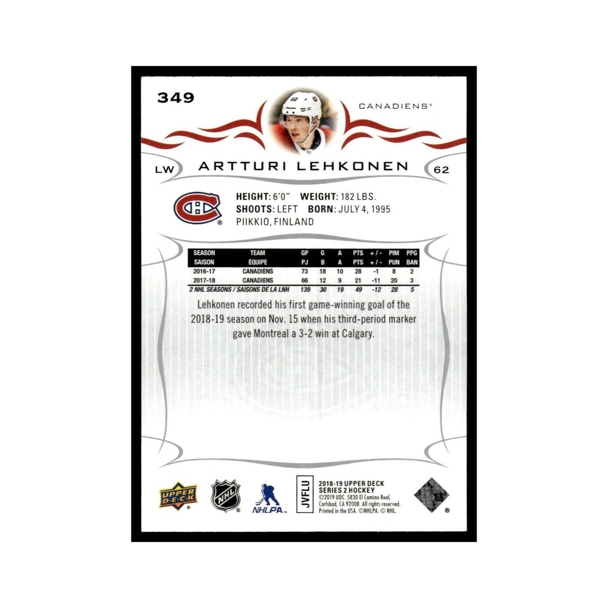 Artturi Lehkonen 2018 Upper Deck #349 Montreal Canadiens Hockey Card NM