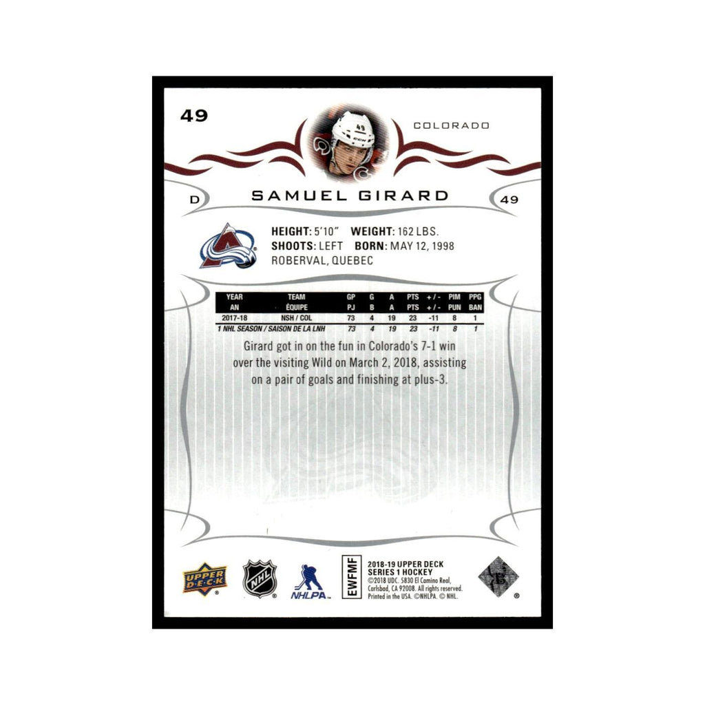 Samuel Girard 2018 Upper Deck #49 Colorado Avalanche Hockey Card NM