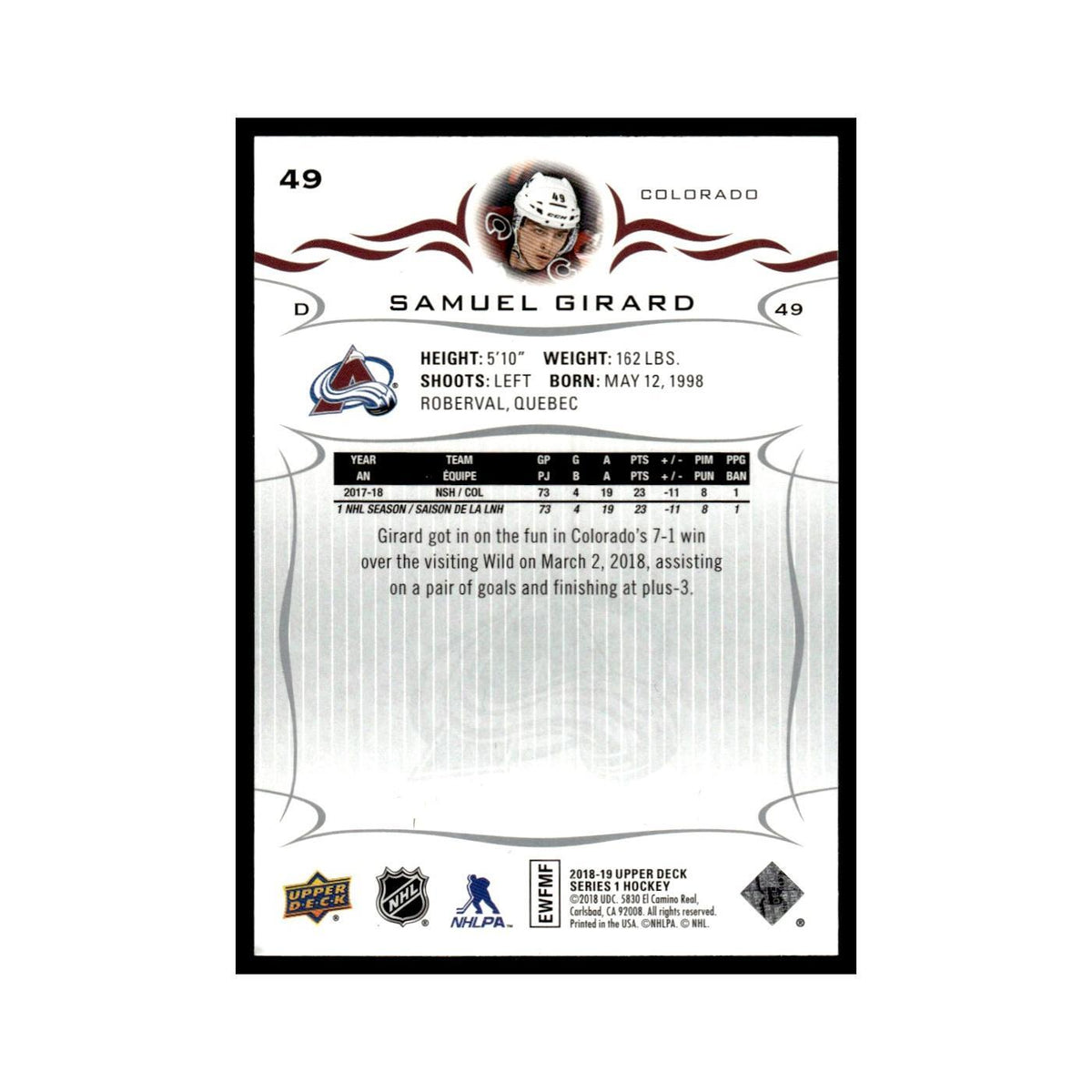 Samuel Girard 2018 Upper Deck #49 Colorado Avalanche Hockey Card NM