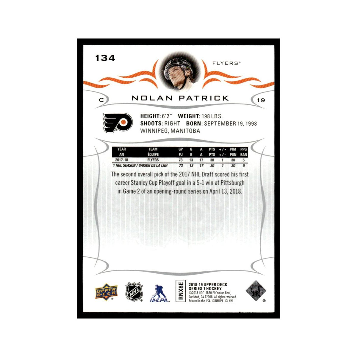 Nolan Patrick 2018 Upper Deck #134 Philadelphia Flyers Hockey Card NM