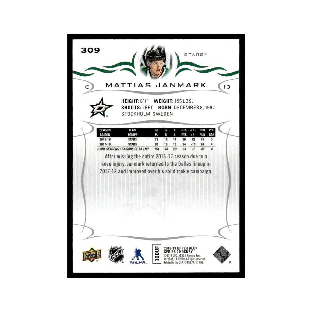 Mattias Janmark 2018 Upper Deck #309 Dallas Stars Hockey Card NM
