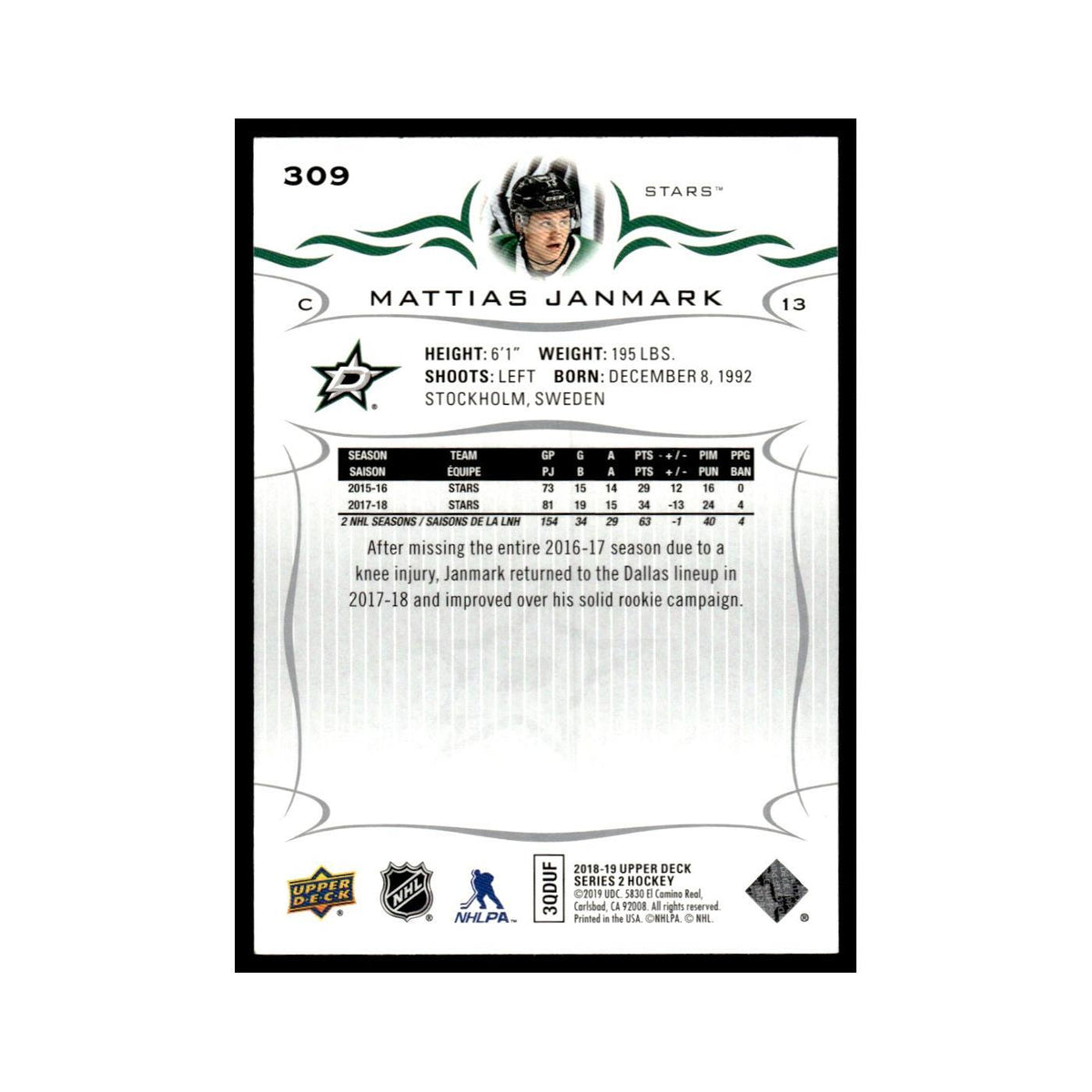Mattias Janmark 2018 Upper Deck #309 Dallas Stars Hockey Card NM