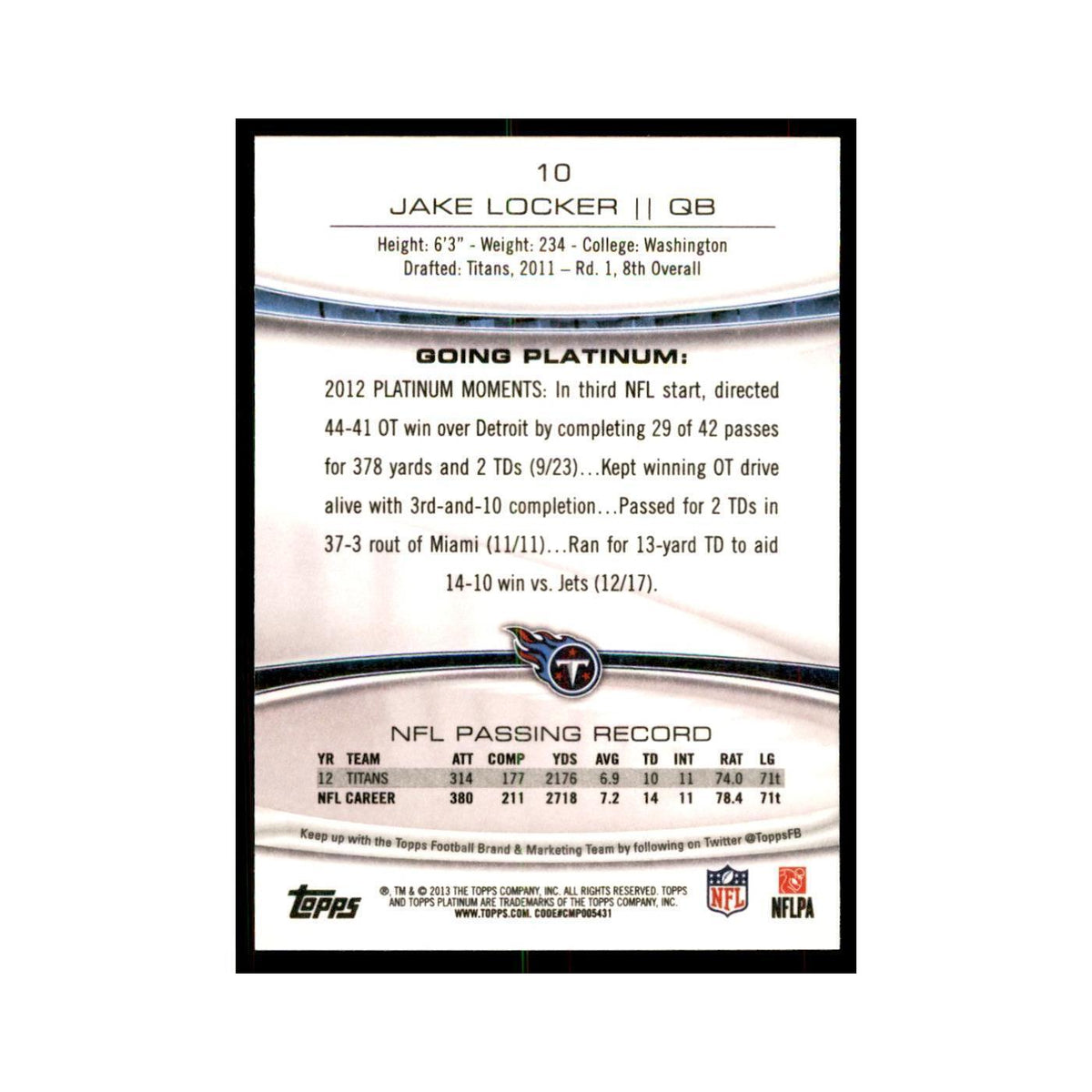 2013 Topps Platinum Jake Locker Football Cards #10