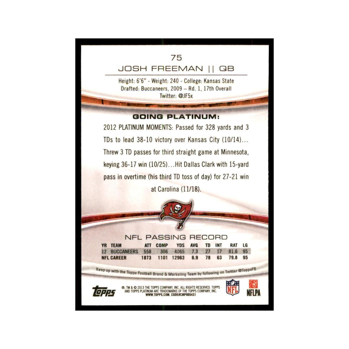 2013 Topps Platinum Josh Freeman Football Cards #75