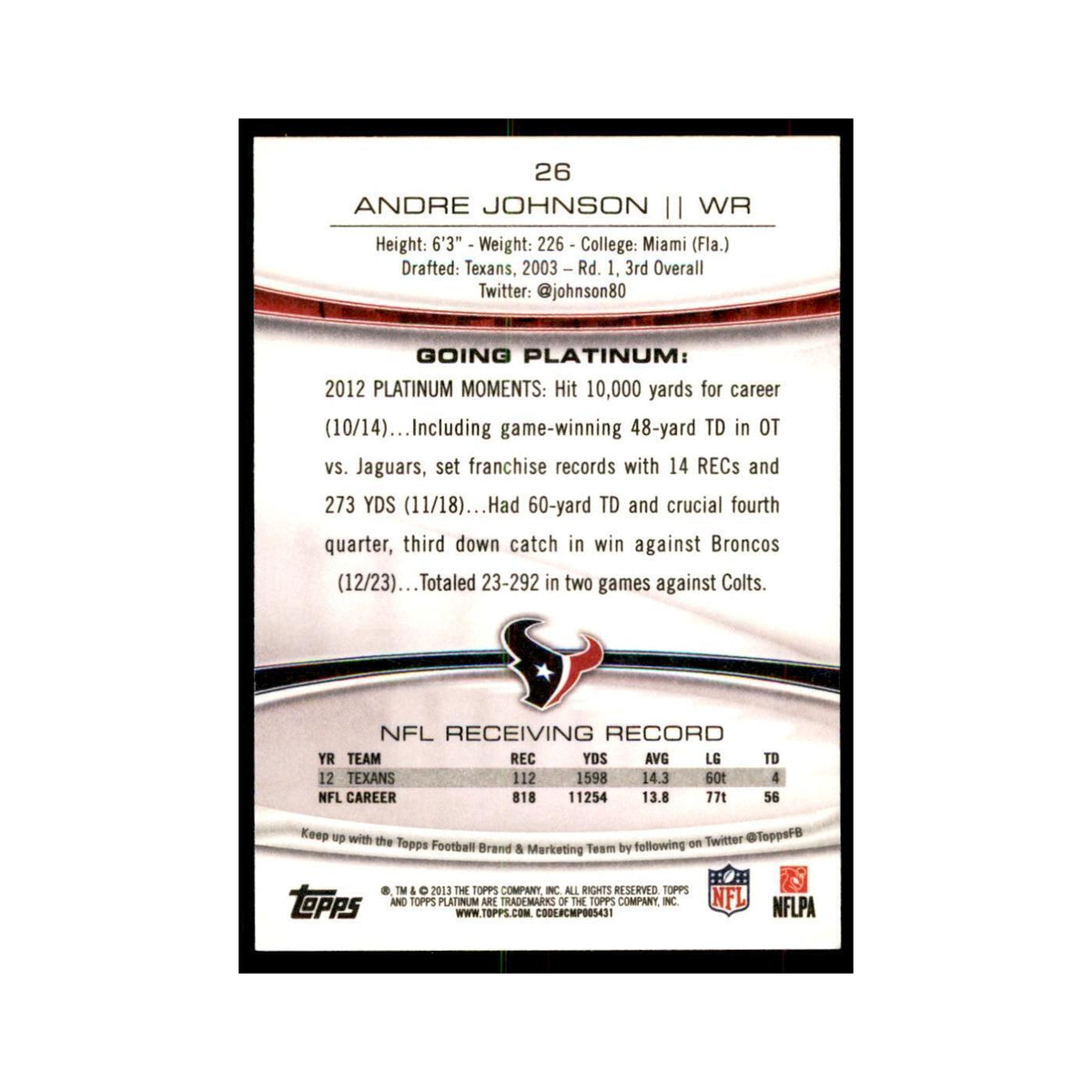 2013 Topps Platinum Andre Johnson Football Cards #26