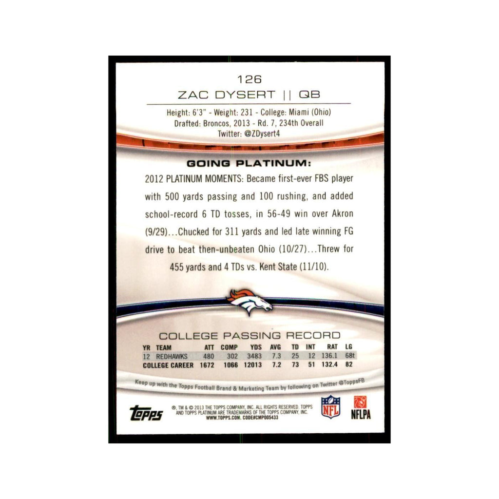 2013 Topps Platinum Zac Dysert RC Football Cards #126
