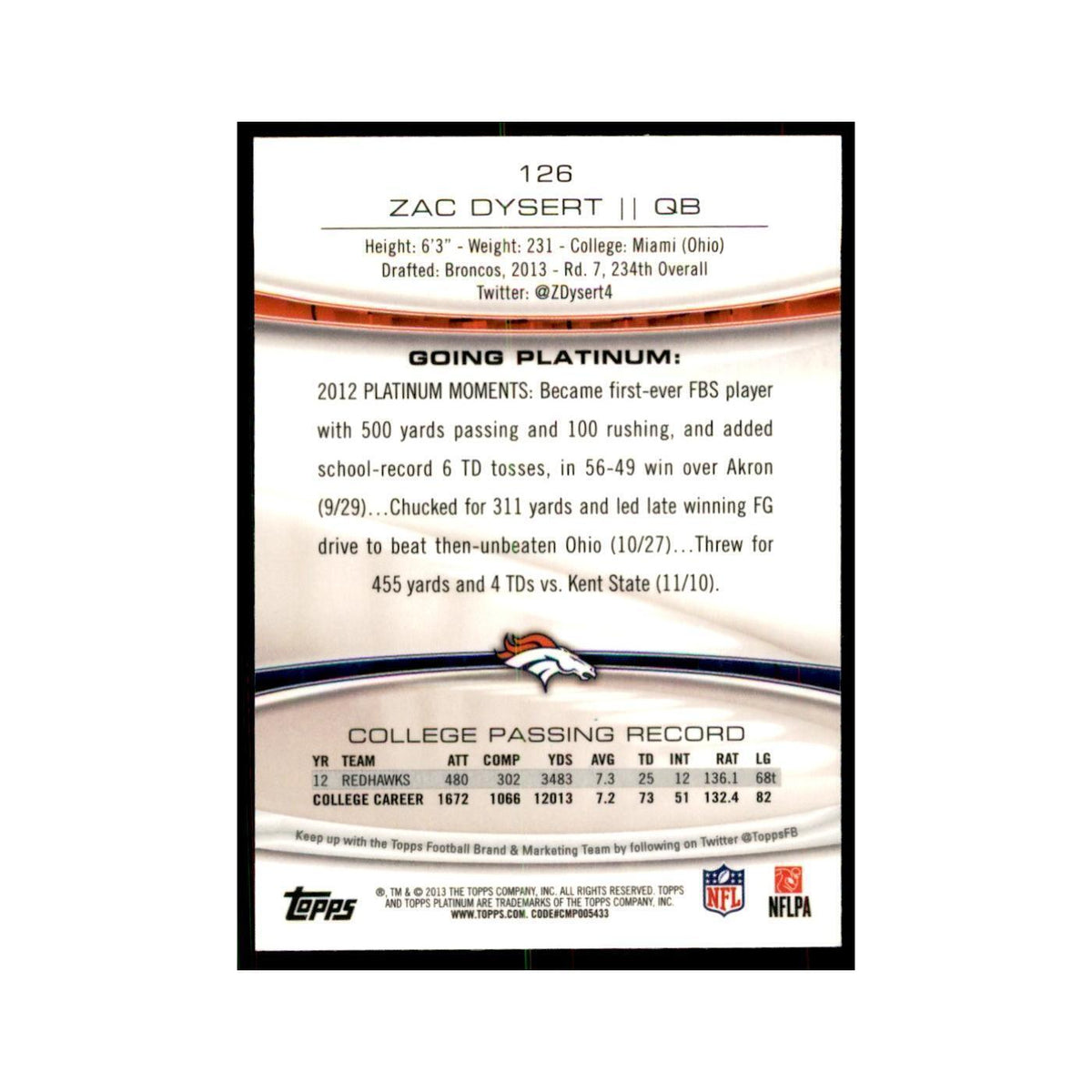 2013 Topps Platinum Zac Dysert RC Football Cards #126