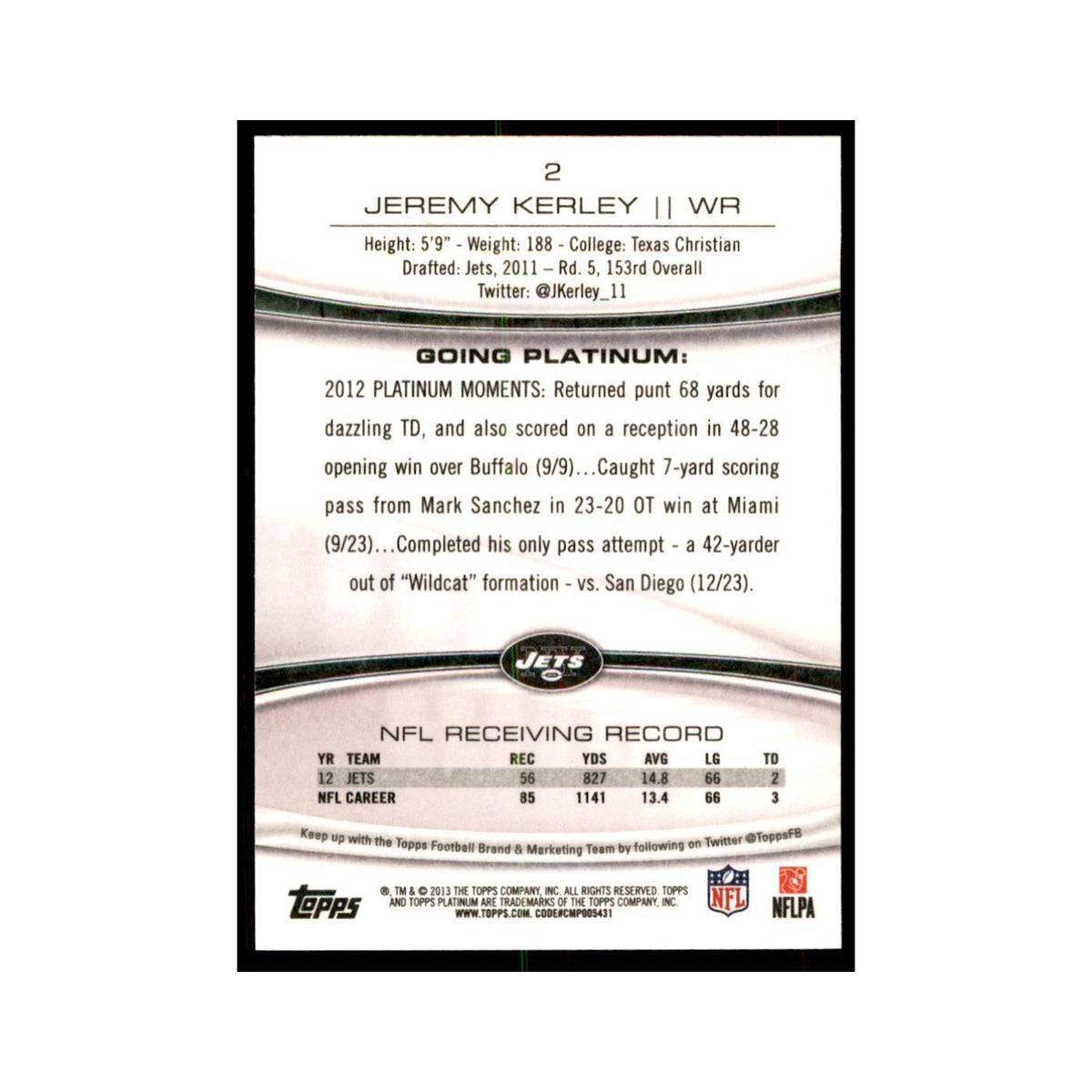 2013 Topps Platinum Jeremy Kerley Football Cards #2