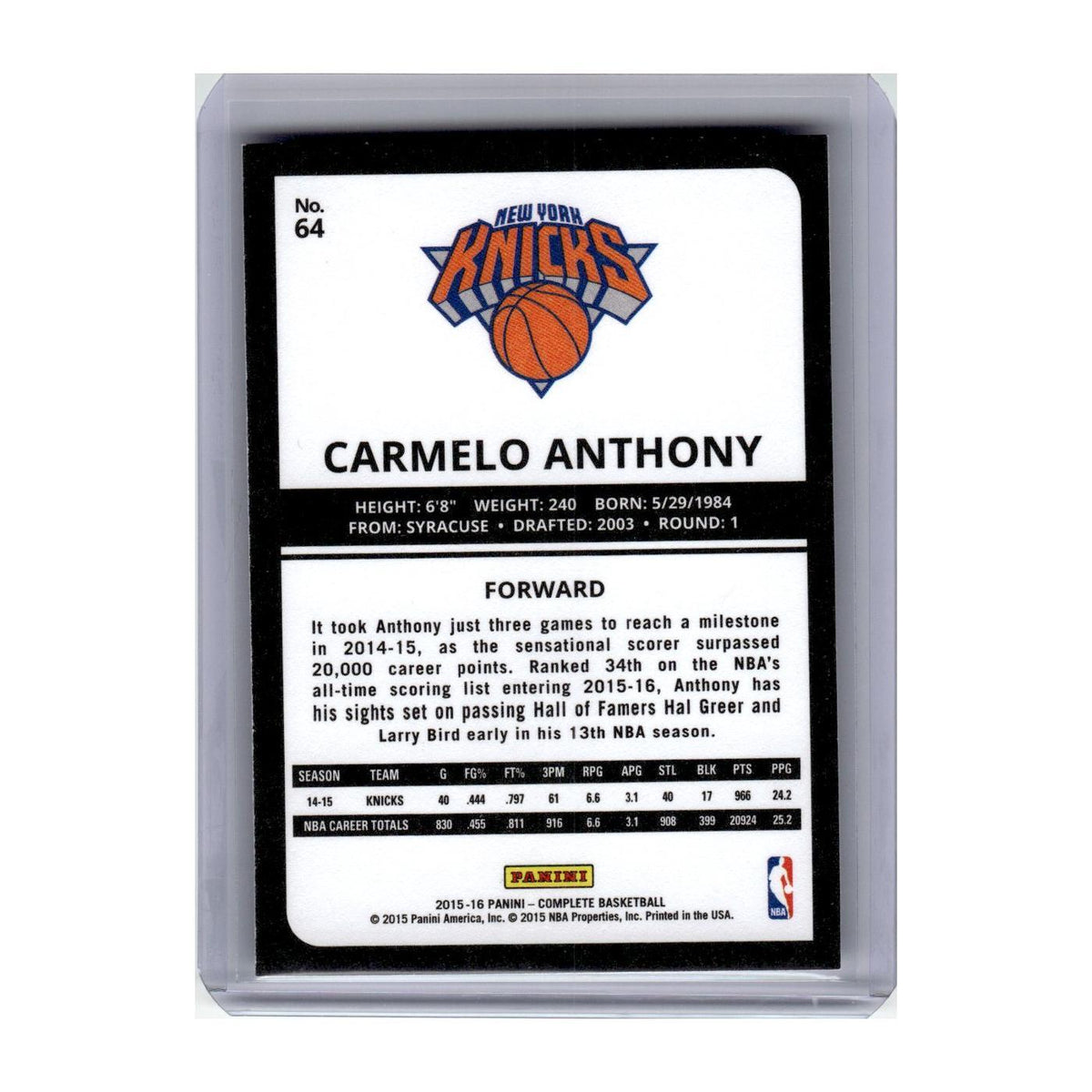 2015 Panini Complete Carmelo Anthony Knicks #64