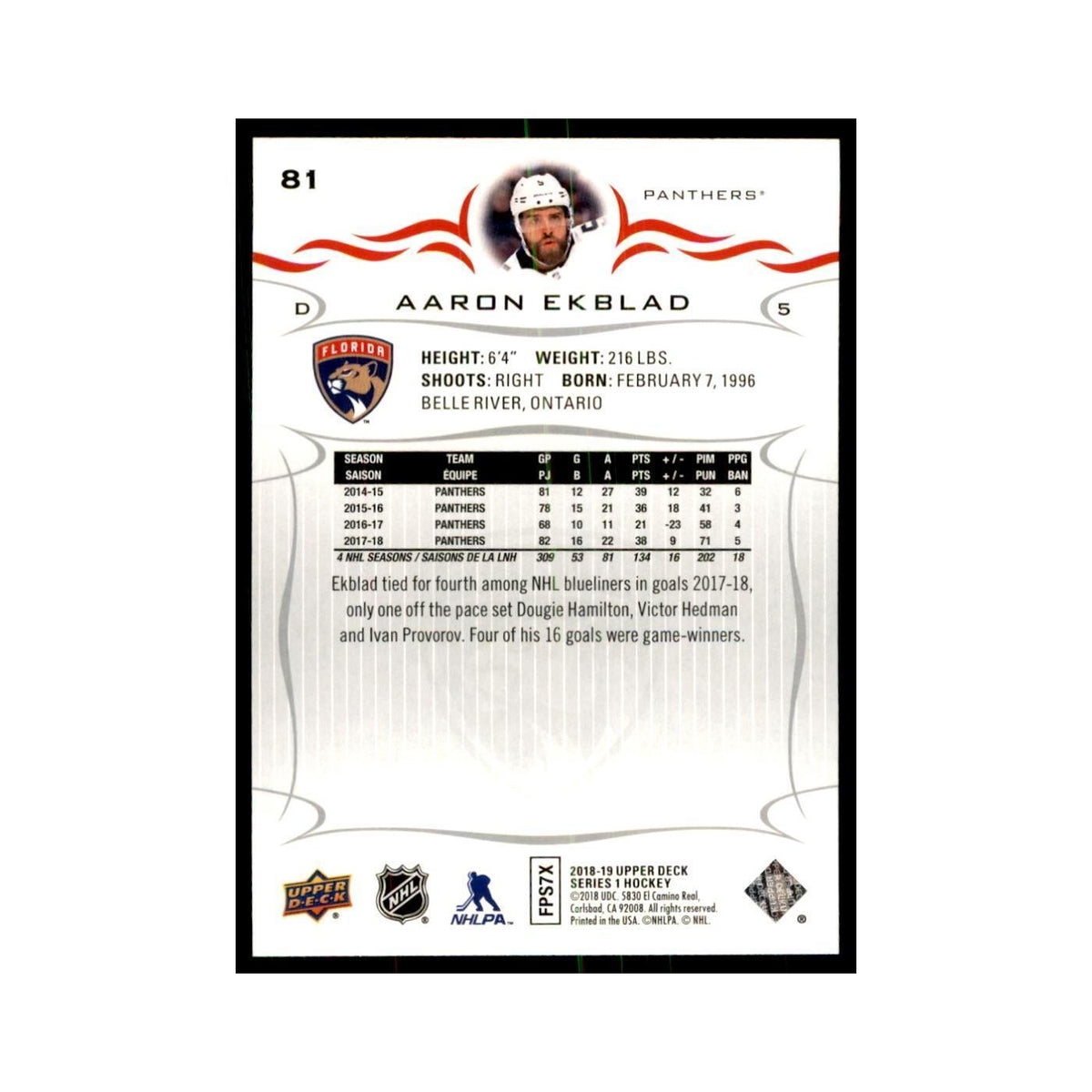 Aaron Ekblad 2018 Upper Deck #81 Hockey Cards Hockey Card NM