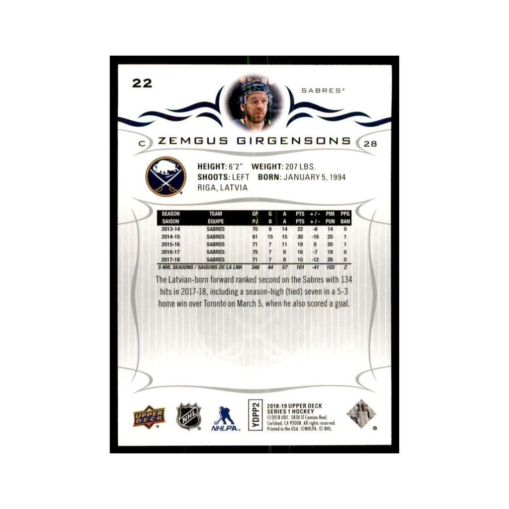 Zemgus Girgensons 2018 Upper Deck #22 Hockey Cards Hockey Card NM