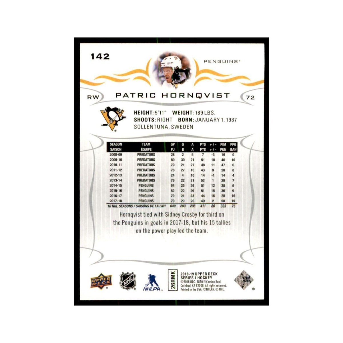 Patric Hornqvist 2018 Upper Deck #142 Hockey Cards Hockey Card NM