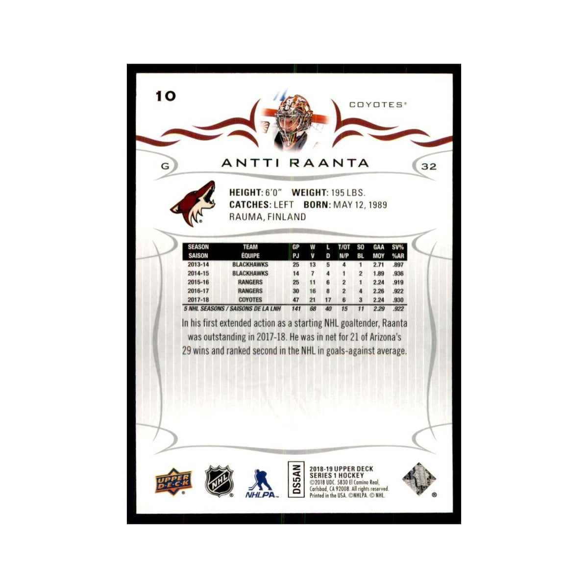 Antti Raanta 2018 Upper Deck #10 Hockey Cards Hockey Card NM