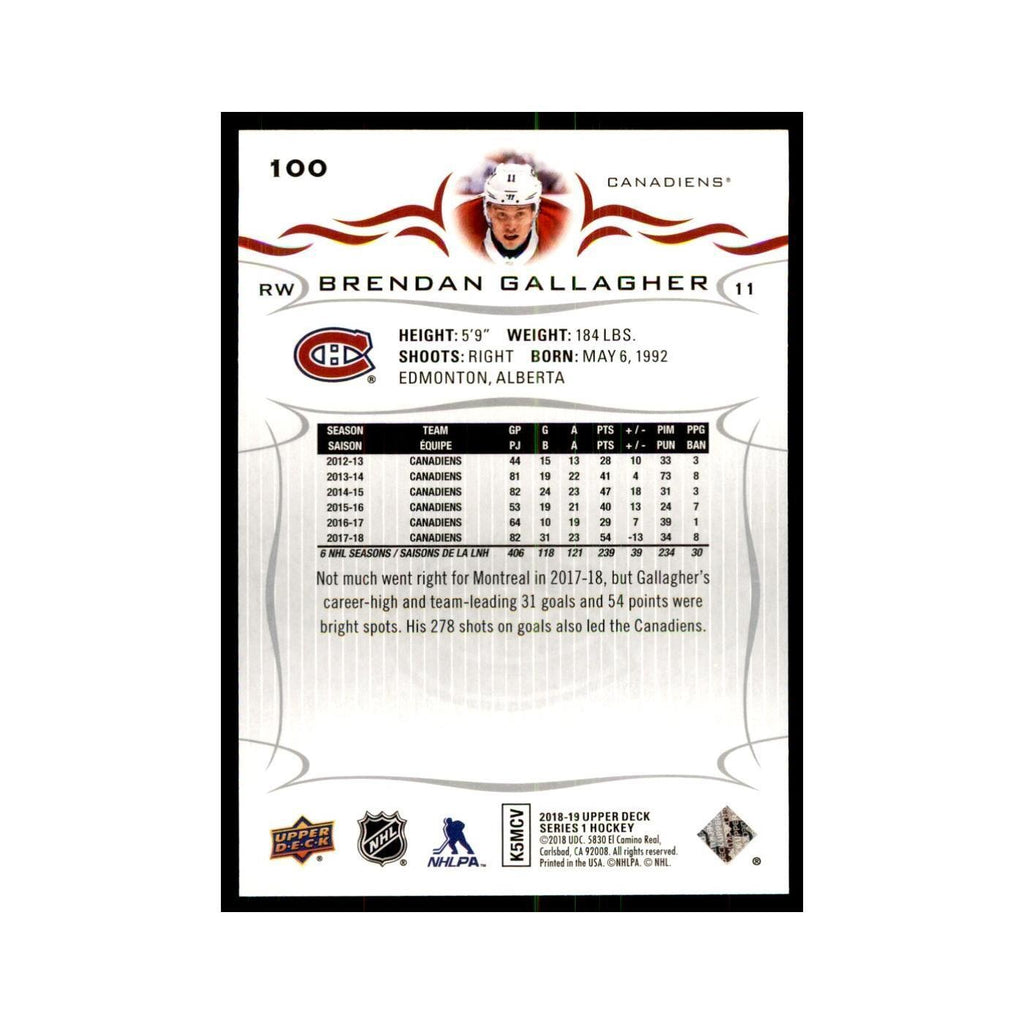 Brendan Gallagher 2018 Upper Deck #100 Hockey Cards Hockey Card NM