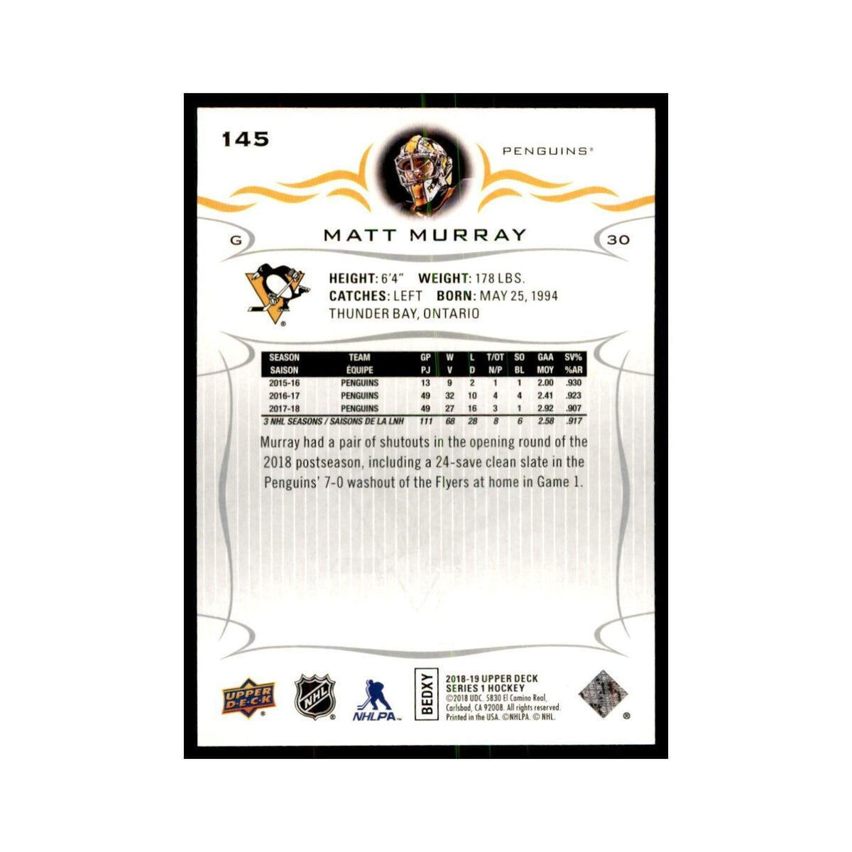 Matt Murray 2018 Upper Deck #145 Hockey Cards Hockey Card NM