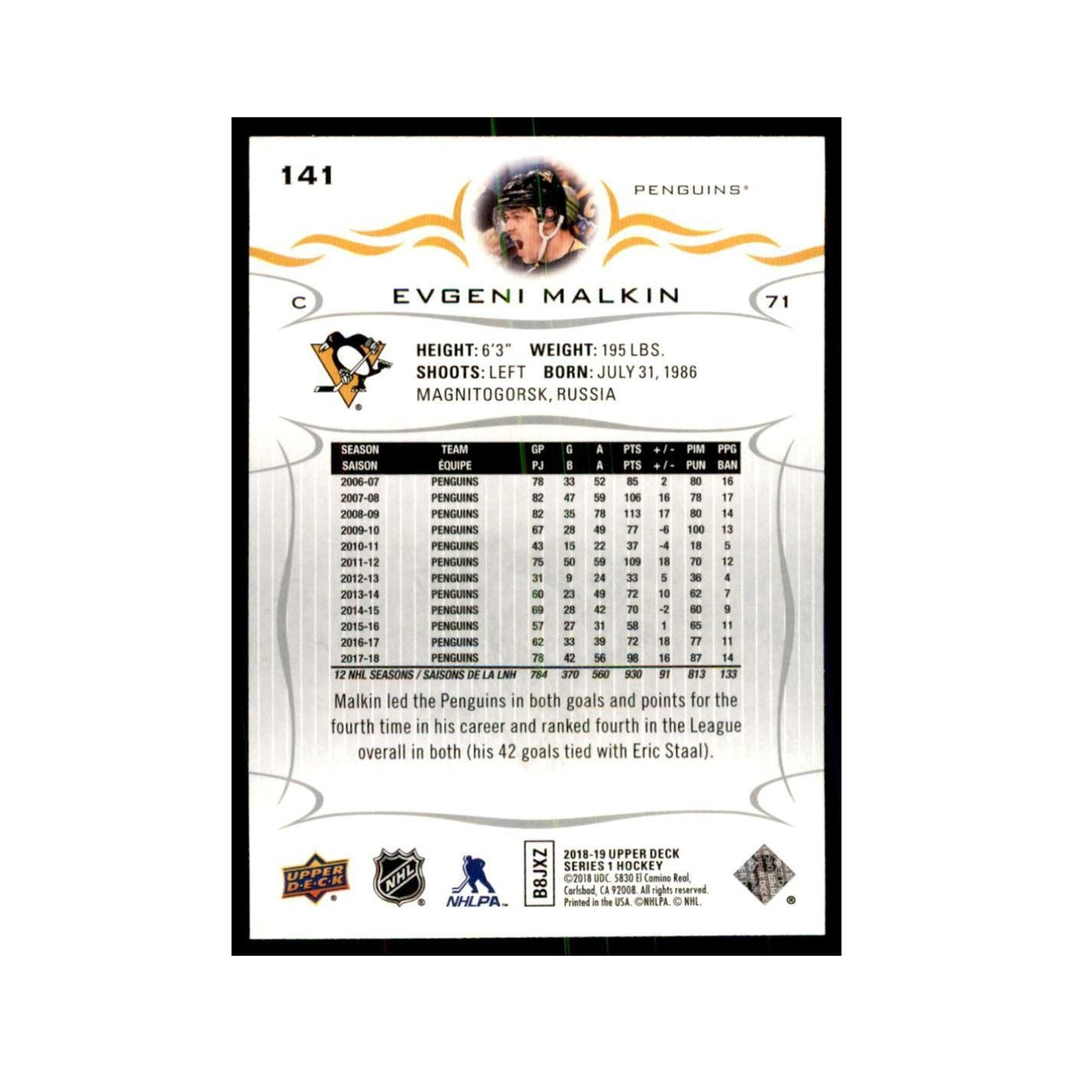 Evgeni Malkin 2018 Upper Deck #141 Hockey Cards Hockey Card NM