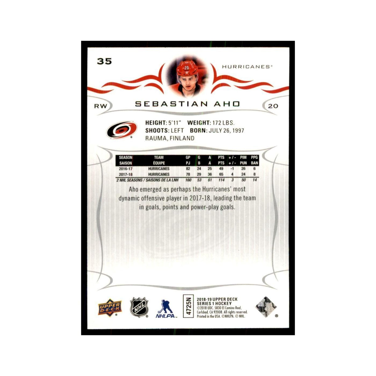 Sebastian Aho 2018 Upper Deck #35 Hockey Cards Hockey Card NM