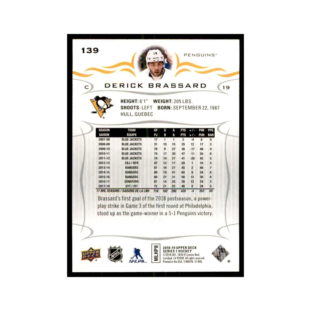 Derick Brassard 2018 Upper Deck #139 Hockey Cards Hockey Card NM