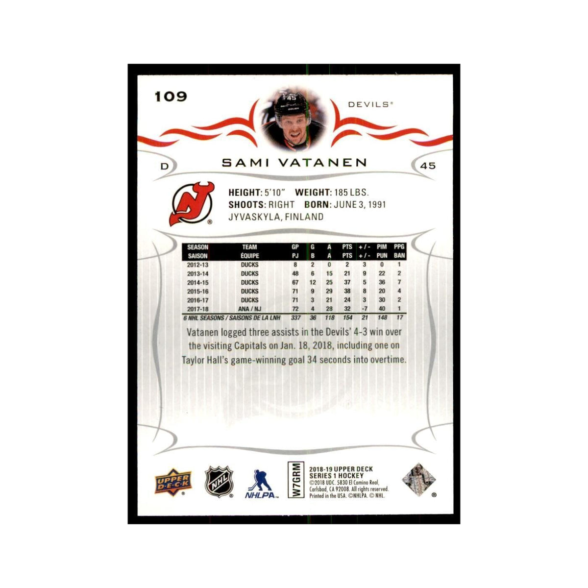 Sami Vatanen 2018 Upper Deck #109 Hockey Cards Hockey Card NM