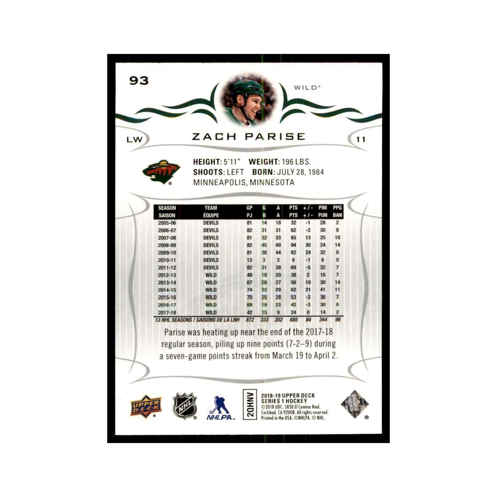 Zach Parise 2018 Upper Deck #93 Hockey Cards Hockey Card NM