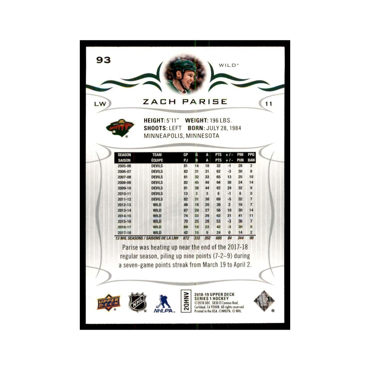 Zach Parise 2018 Upper Deck #93 Hockey Cards Hockey Card NM