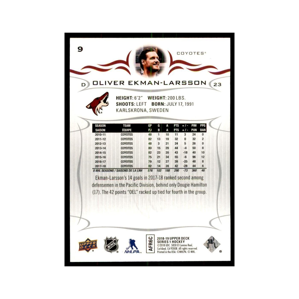 Oliver Ekman-Larsson 2018 Upper Deck #9 Hockey Cards Hockey Card NM