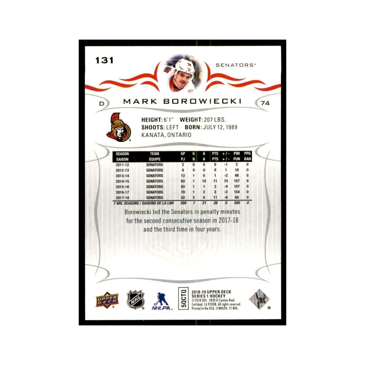 Mark Borowiecki 2018 Upper Deck #131 Hockey Cards Hockey Card NM
