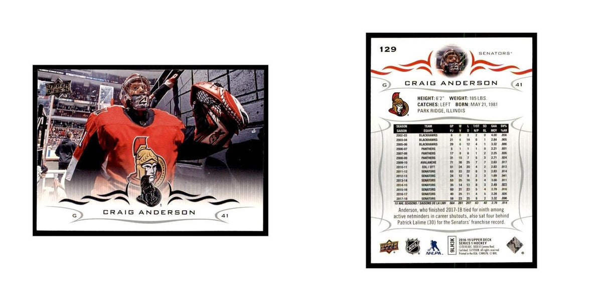 Craig Anderson 2018 Upper Deck #129 Hockey Cards Hockey Card NM