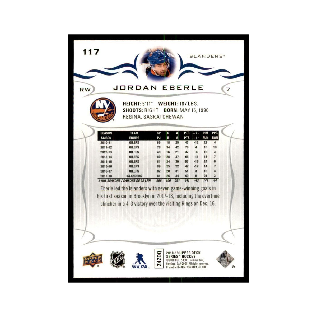 Jordan Eberle 2018 Upper Deck #117 Hockey Cards Hockey Card NM