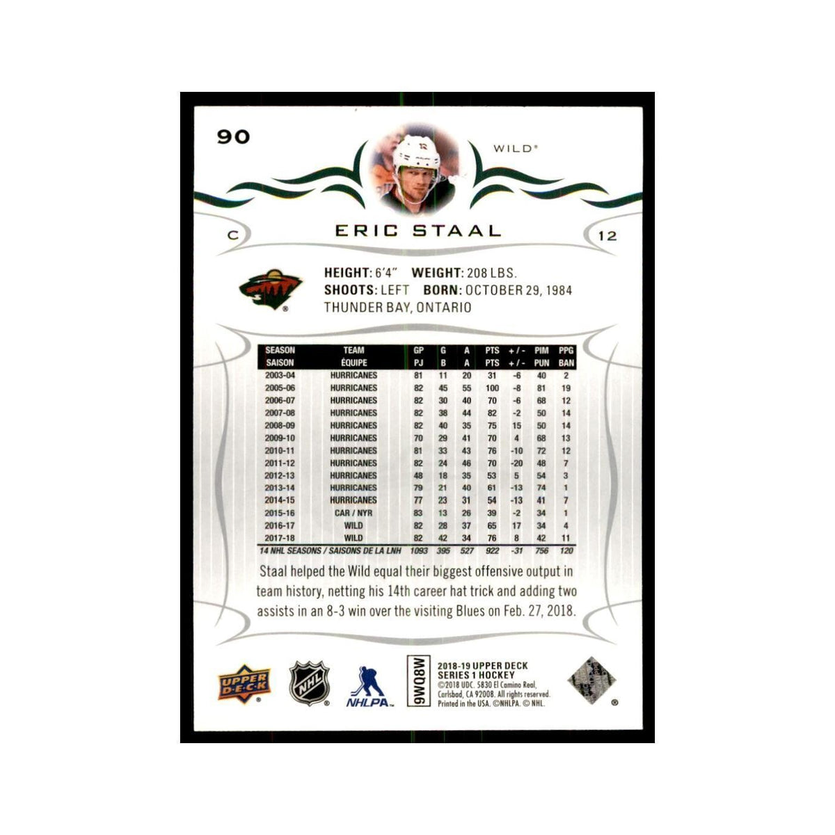 Eric Staal 2018 Upper Deck #90 Hockey Cards Hockey Card NM