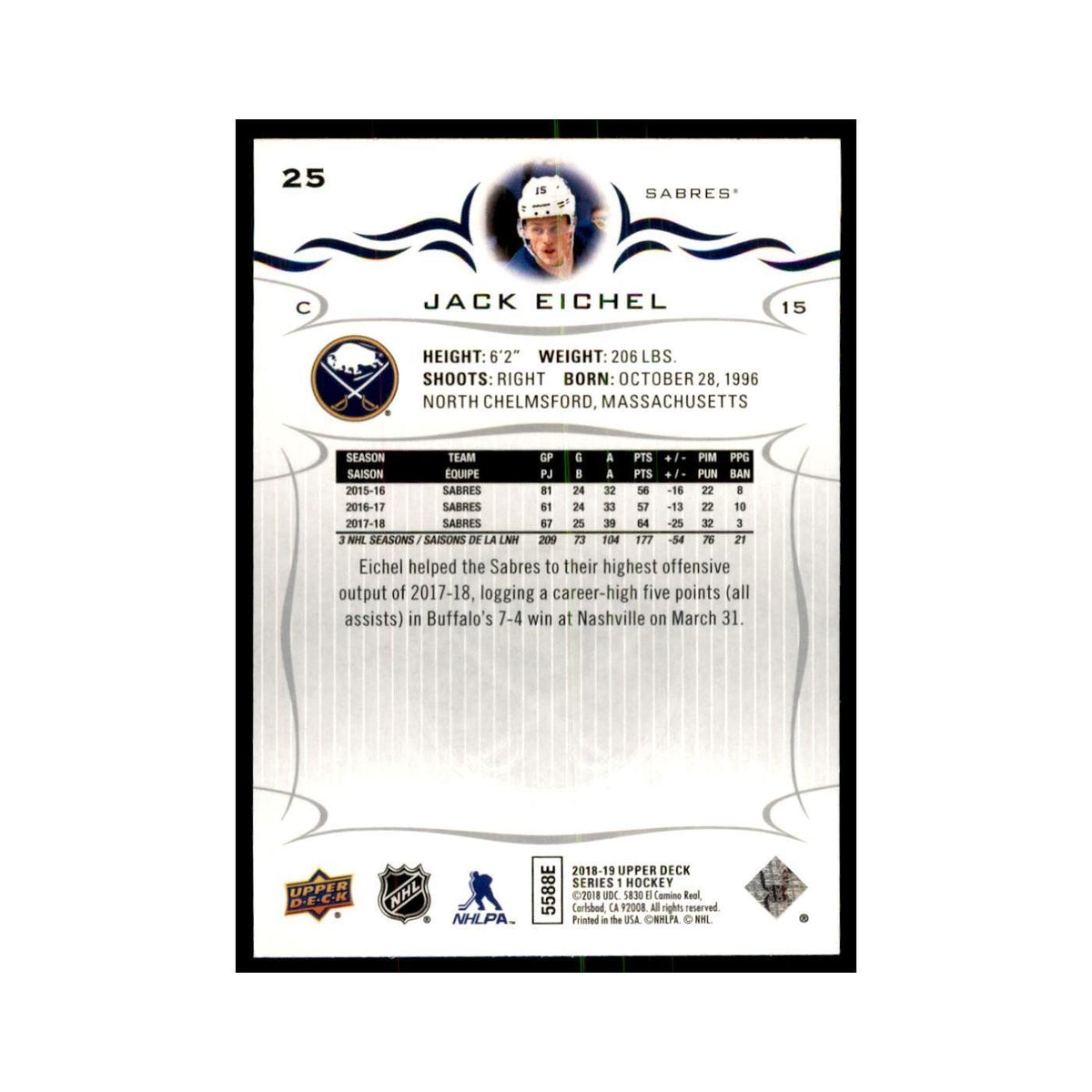 Jack Eichel 2018 Upper Deck #25 Hockey Cards Hockey Card NM