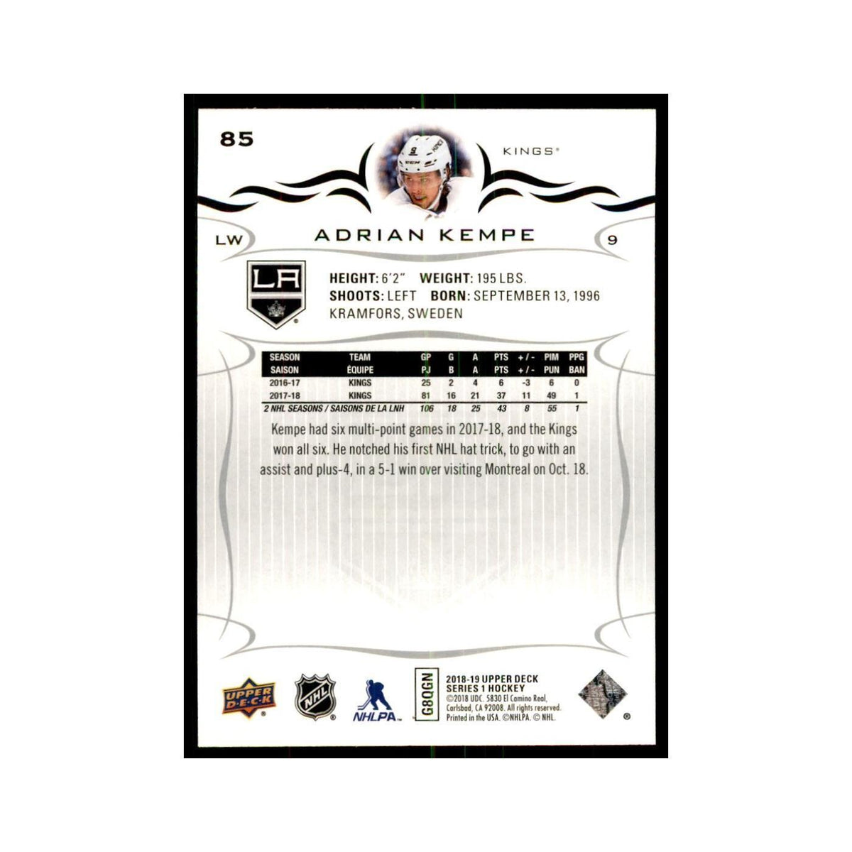 Adrian Kempe 2018 Upper Deck #85 Hockey Cards Hockey Card NM