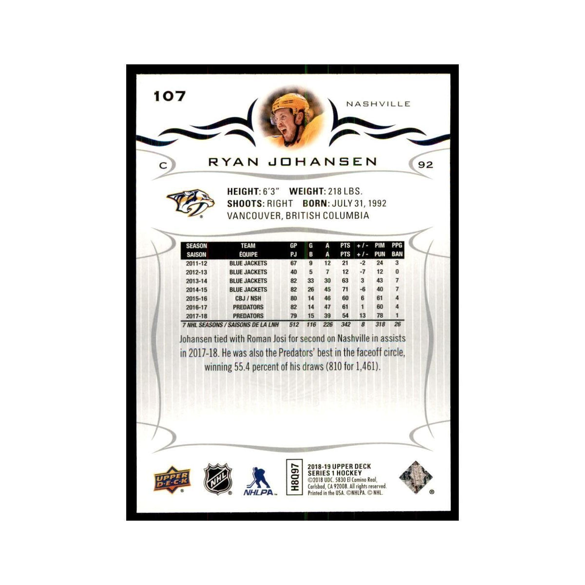Ryan Johansen 2018 Upper Deck #107 Hockey Cards Hockey Card NM