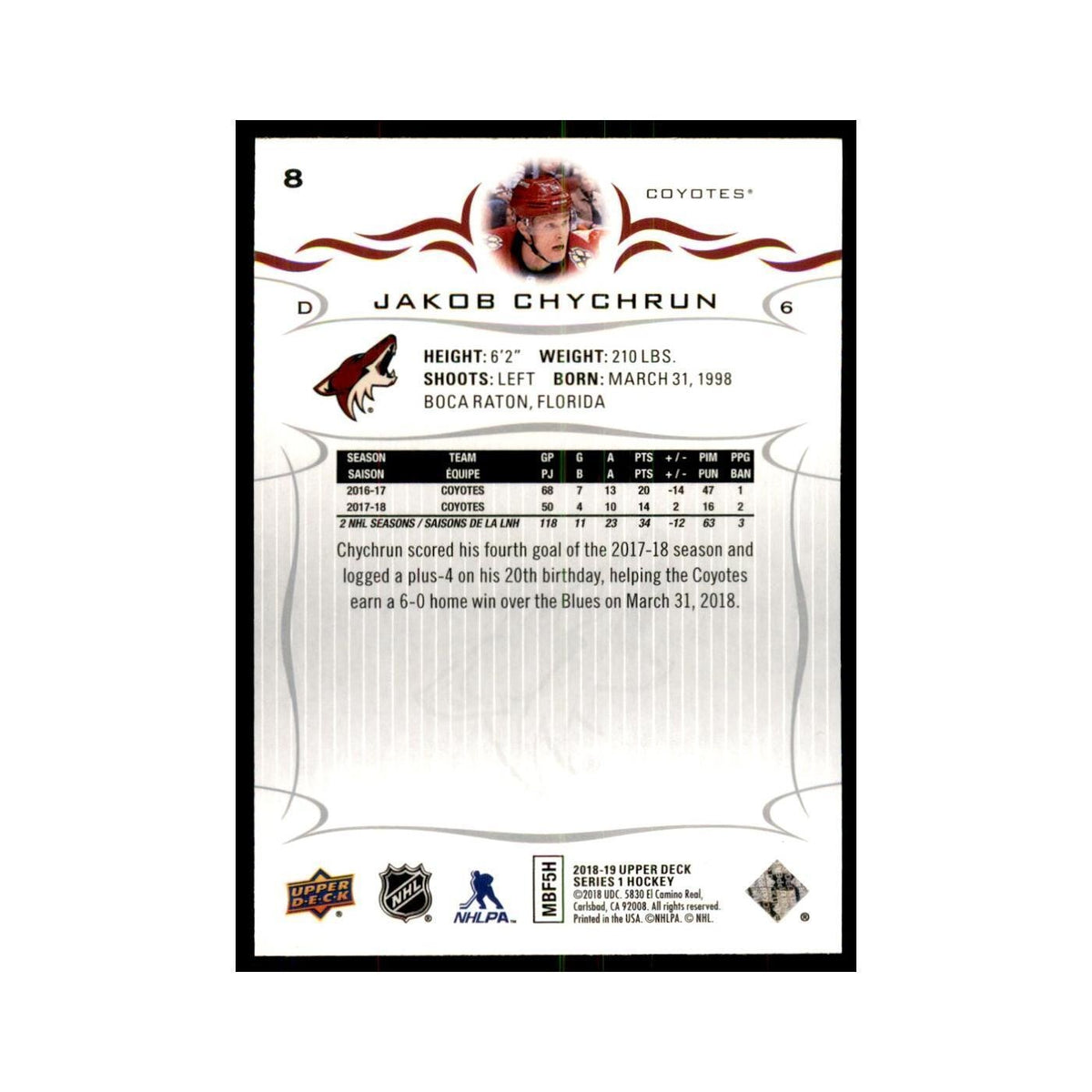 Jakob Chychrun 2018 Upper Deck #8 Hockey Cards Hockey Card NM
