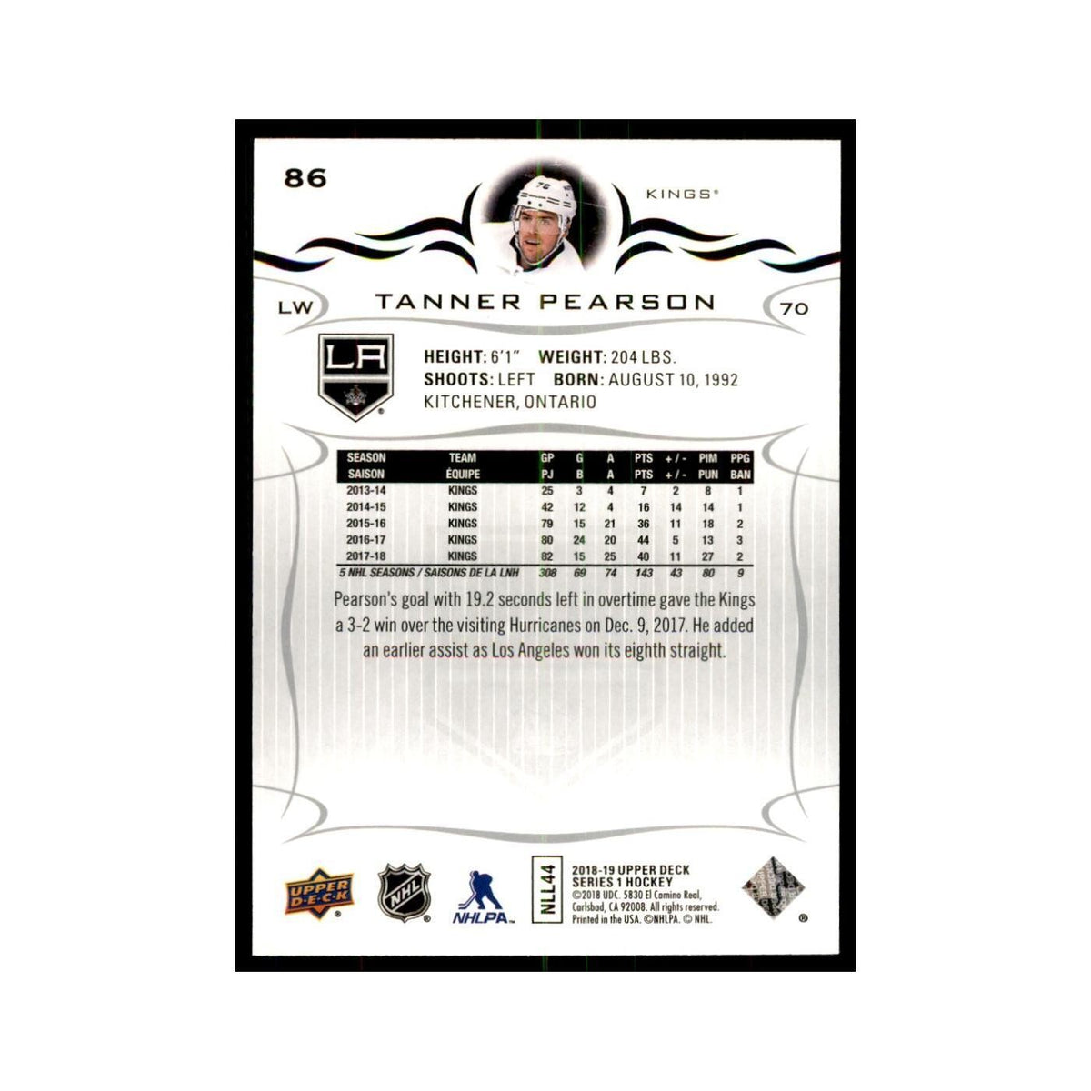 Tanner Pearson 2018 Upper Deck #86 Hockey Cards Hockey Card NM