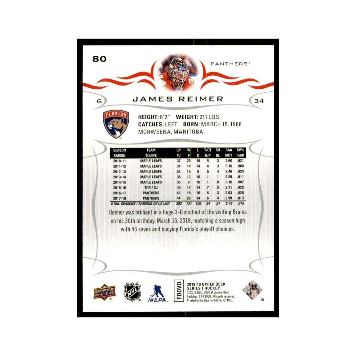 James Reimer 2018 Upper Deck #80 Hockey Cards Hockey Card NM