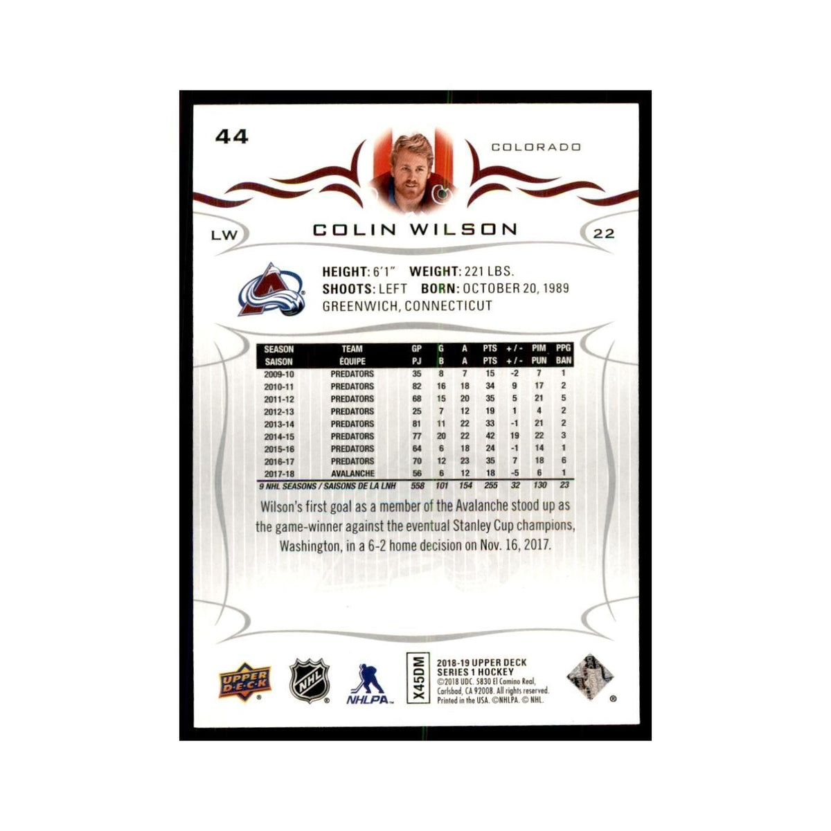 Colin Wilson 2018 Upper Deck #44 Hockey Cards Hockey Card NM