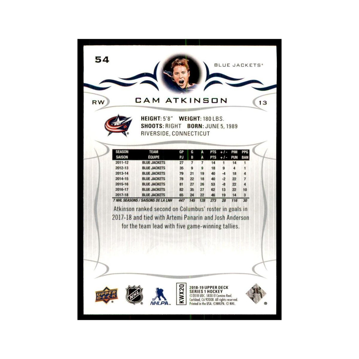 Cam Atkinson 2018 Upper Deck #54 Hockey Cards Hockey Card NM