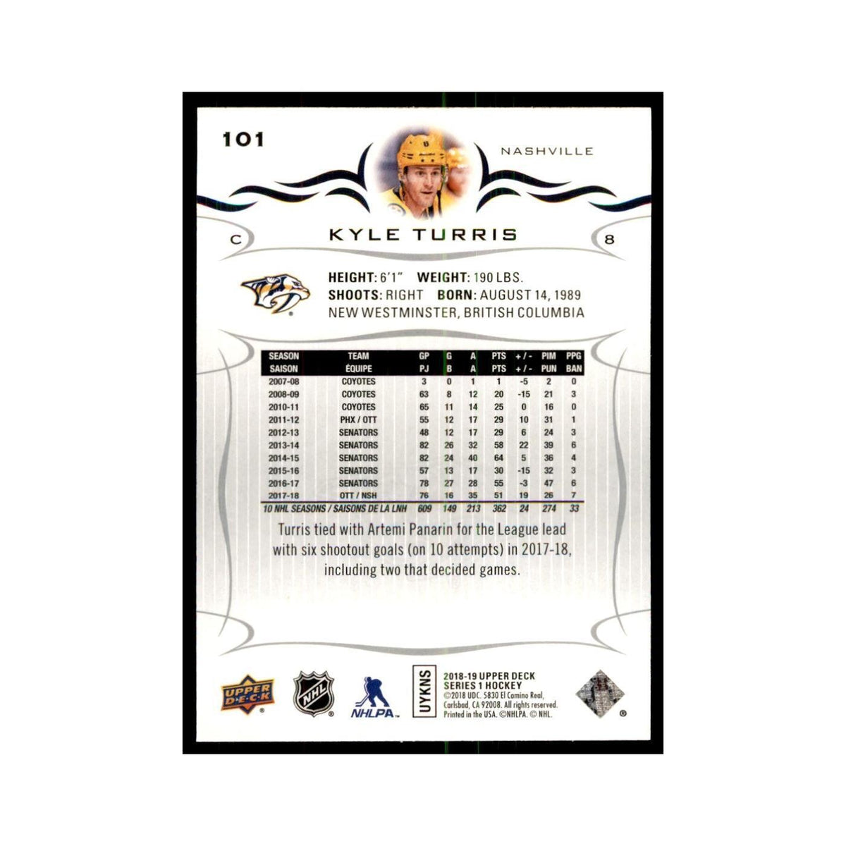 Kyle Turris 2018 Upper Deck #101 Hockey Cards Hockey Card NM