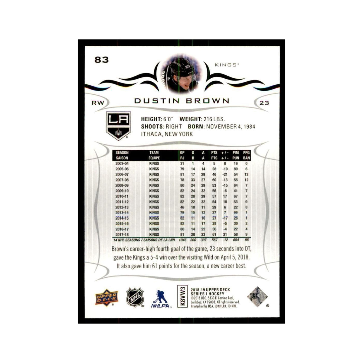 Dustin Brown 2018 Upper Deck #83 Hockey Cards Hockey Card NM