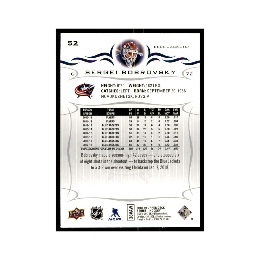 Sergei Bobrovsky 2018 Upper Deck #52 Hockey Cards Hockey Card NM