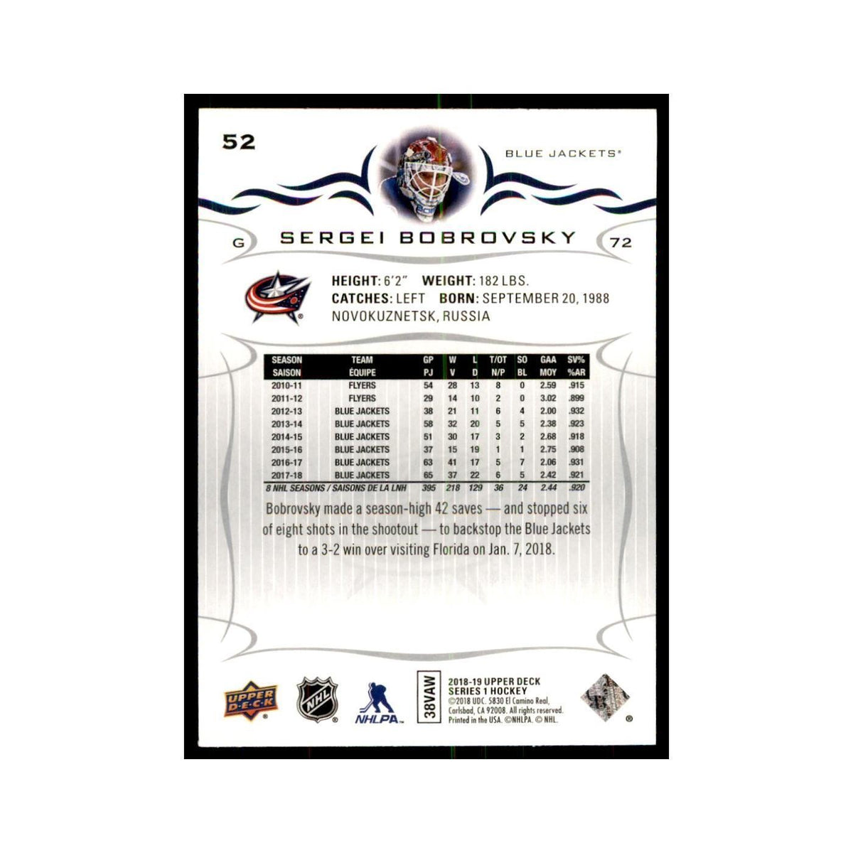 Sergei Bobrovsky 2018 Upper Deck #52 Hockey Cards Hockey Card NM