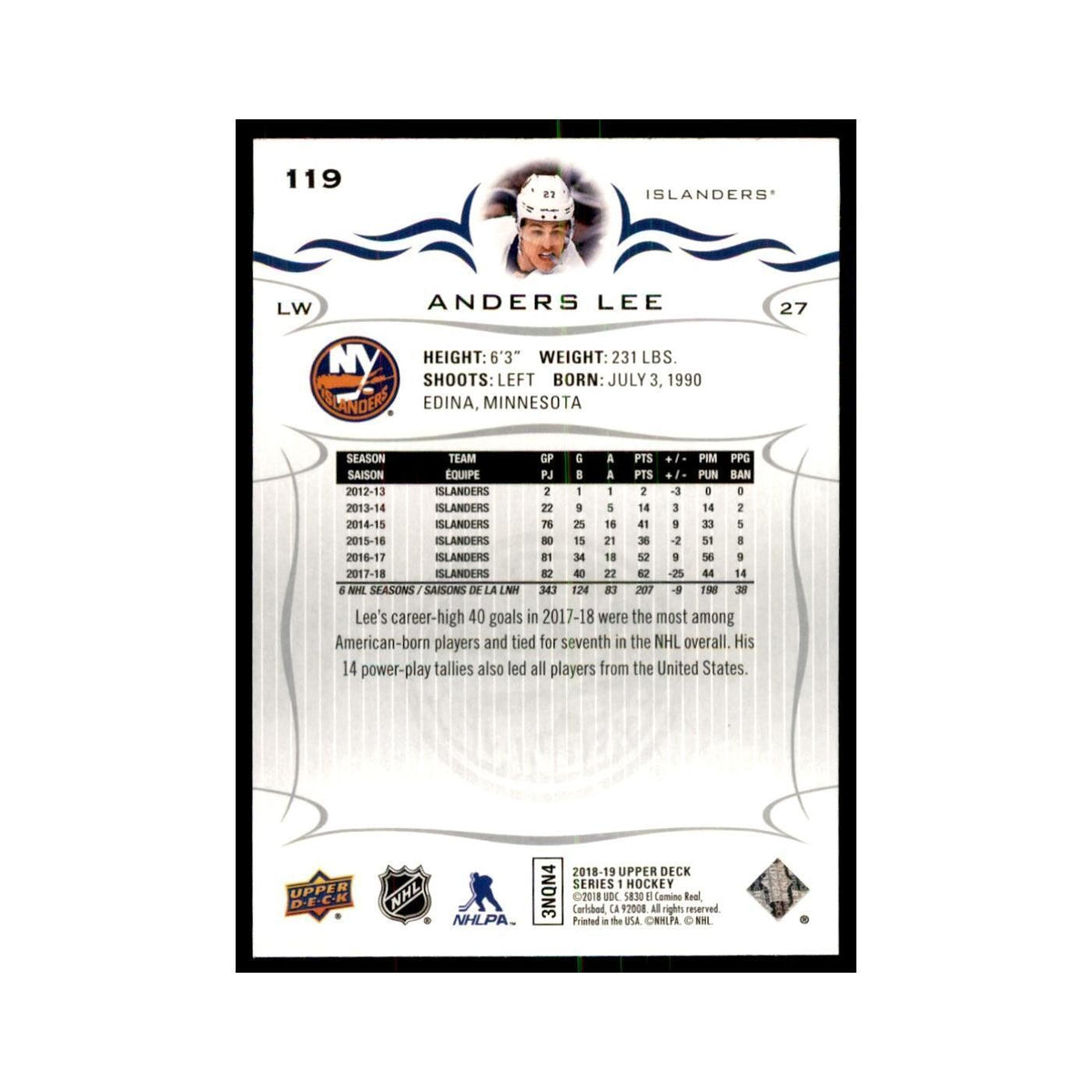 Anders Lee 2018 Upper Deck #119 Hockey Cards Hockey Card NM