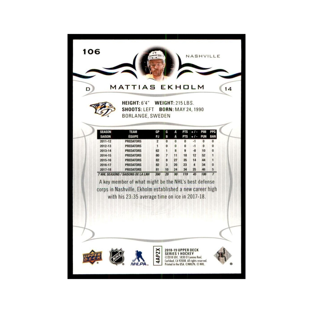 Mattias Ekholm 2018 Upper Deck #106 Hockey Cards Hockey Card NM