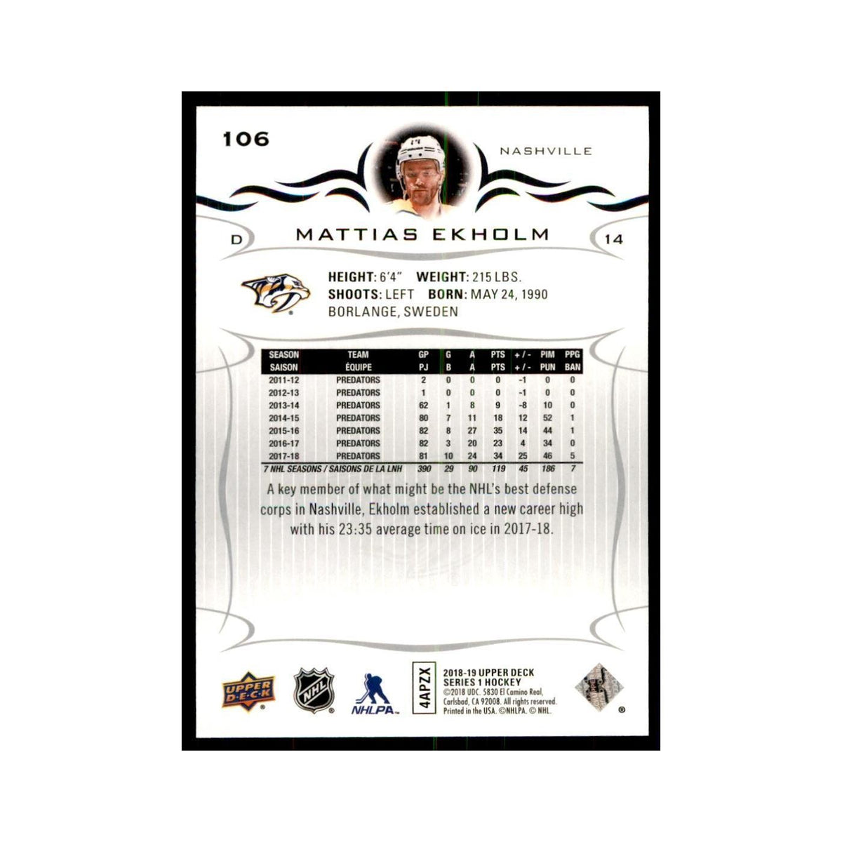 Mattias Ekholm 2018 Upper Deck #106 Hockey Cards Hockey Card NM