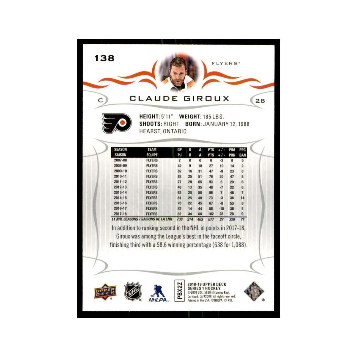 Claude Giroux 2018 Upper Deck #138 Hockey Cards Hockey Card NM